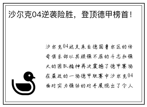 沙尔克04逆袭险胜，登顶德甲榜首！