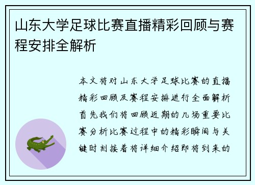 山东大学足球比赛直播精彩回顾与赛程安排全解析