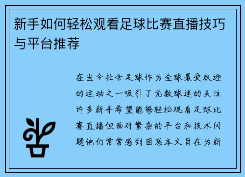 新手如何轻松观看足球比赛直播技巧与平台推荐